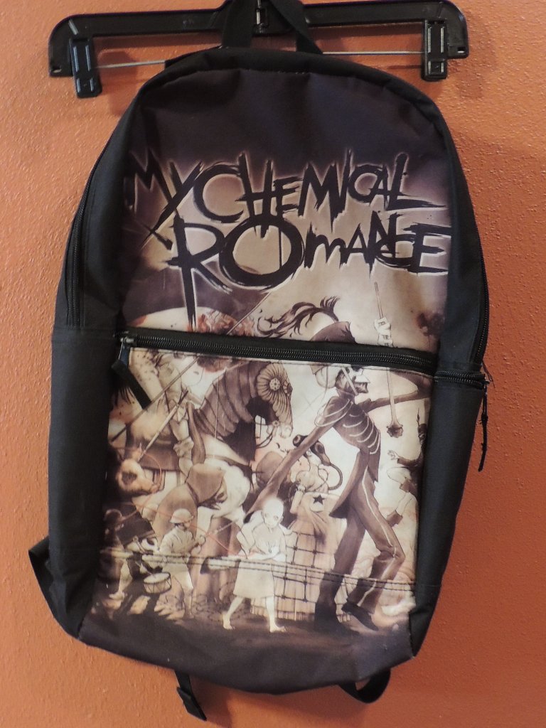 Hostpick My Chemical Romance Backpack Top Zip Black Tan Graphic Front Bag
